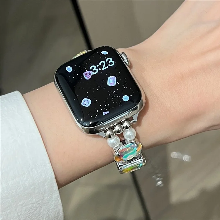 Correa de reloj para Apple Watch 10 46 mm / Ultra 2 / Ultra 49 mm / 9 8 7 45 mm / SE (2023) SE (2022) SE 6 5 4 44 mm / 3 2 1 42 mm - Estilo elástico / Láser Gem+White Pearl