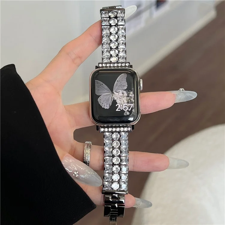 Para Apple Watch Series 10 42mm / 9 8 7 41mm / SE (2023) SE (2022) SE 6 5 4 40mm / 3 2 1 38mm Pulsera de Reloj Diamante Metal - Negro