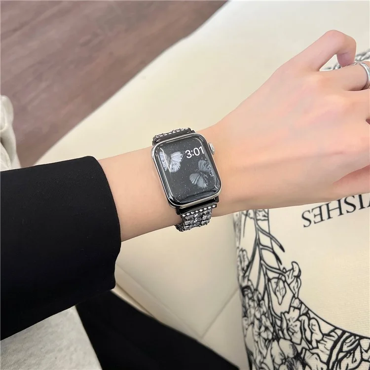 Para Apple Watch Series 10 42mm / 9 8 7 41mm / SE (2023) SE (2022) SE 6 5 4 40mm / 3 2 1 38mm Pulsera de Reloj Diamante Metal - Negro