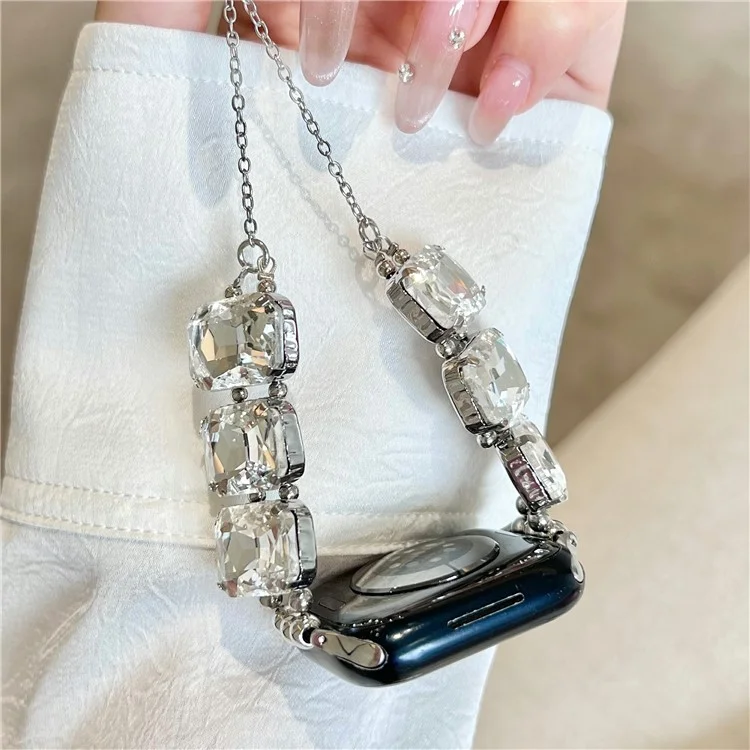 For Apple Watch Series 10 42mm / 9 8 7 41mm / SE (2023) SE (2022) SE 6 5 4 40mm / 3 2 1 38mm Bling Bands Drawstring Style Bracelet - White Diamond / Silver