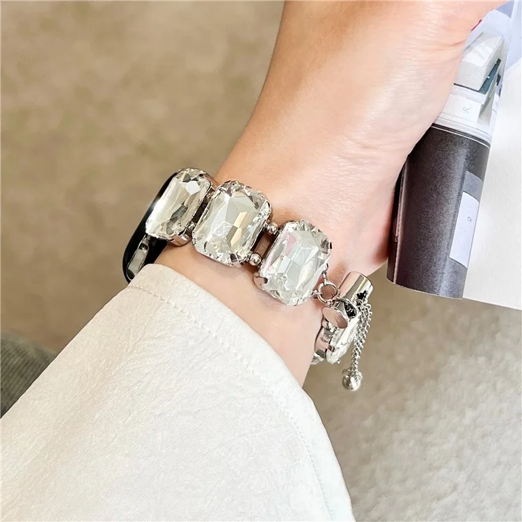 Para Apple Watch 10 46mm / Ultra 2 / Ultra 49mm / 9 8 7 45mm / SE (2023) SE (2022) SE 6 5 4 44mm / 3 2 1 42mm Gem Watch Strap Bracelete - Pedra Branca / Prata