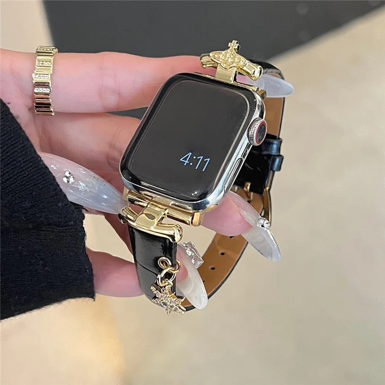 For Apple Watch Series 10 42mm / 9 8 7 41mm / SE (2023) SE (2022) SE 6 5 4 40mm / 3 2 1 38mm Strap with Saturn Pendant - Dark Brown
