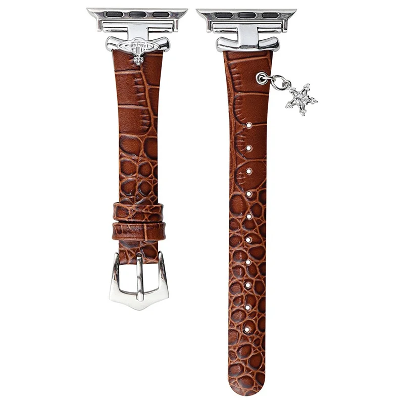 Per Apple Watch Series 10 42mm / 9 8 7 41mm / SE (2023) SE (2022) SE 6 5 4 40mm / 3 2 1 38mm Cinturino con Pendente a Saturno - Marrone+Fibbia Argento
