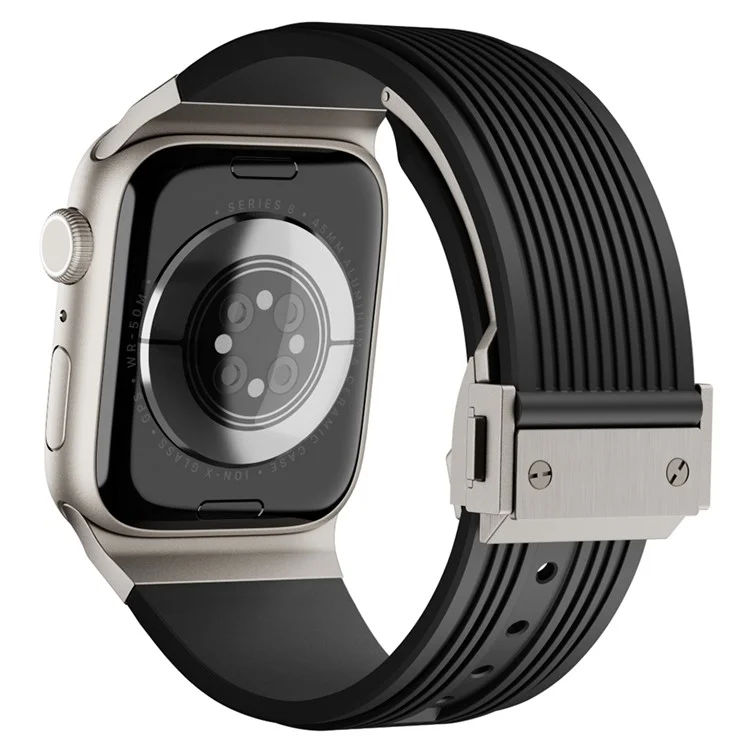 Para Apple Watch 10 46mm / Ultra 2 / Ultra 49mm / 9 8 7 45mm / SE (2023) SE (2022) SE 6 5 4 44mm / 3 2 1 42mm Silicone Watch Band - Fivela de Titânio / Pulseira Preta