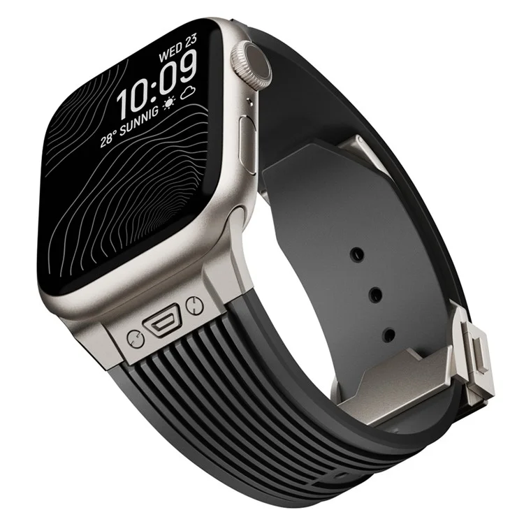 Para Apple Watch 10 46mm / Ultra 2 / Ultra 49mm / 9 8 7 45mm / SE (2023) SE (2022) SE 6 5 4 44mm / 3 2 1 42mm Silicone Watch Band - Fivela de Titânio / Pulseira Preta