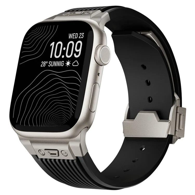 Para Apple Watch 10 46mm / Ultra 2 / Ultra 49mm / 9 8 7 45mm / SE (2023) SE (2022) SE 6 5 4 44mm / 3 2 1 42mm Silicone Watch Band - Fivela de Titânio / Pulseira Preta