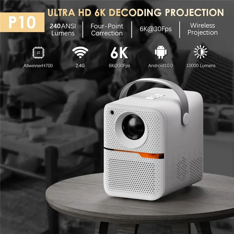 HONGTOP P10 Proyector Mini Portátil WiFi6 Bluetooth HD Video Teatro Doméstico 4+64G LED Proyector - Enchufe de EE. UU.
