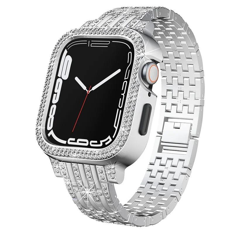 For Apple Watch Series 6 5 4 SE (2023) SE (2022) SE 44mm Rhinestone Decor Metal Strap with Watch Case - Silver