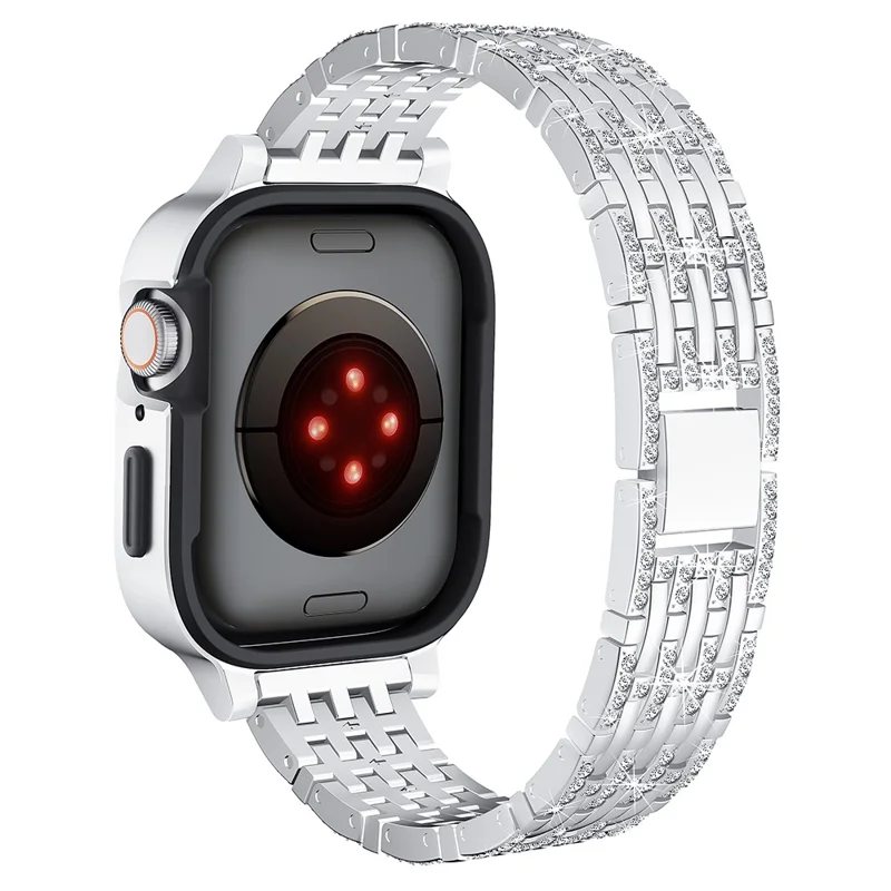 For Apple Watch Series 6 5 4 SE (2023) SE (2022) SE 44mm Rhinestone Decor Metal Strap with Watch Case - Silver