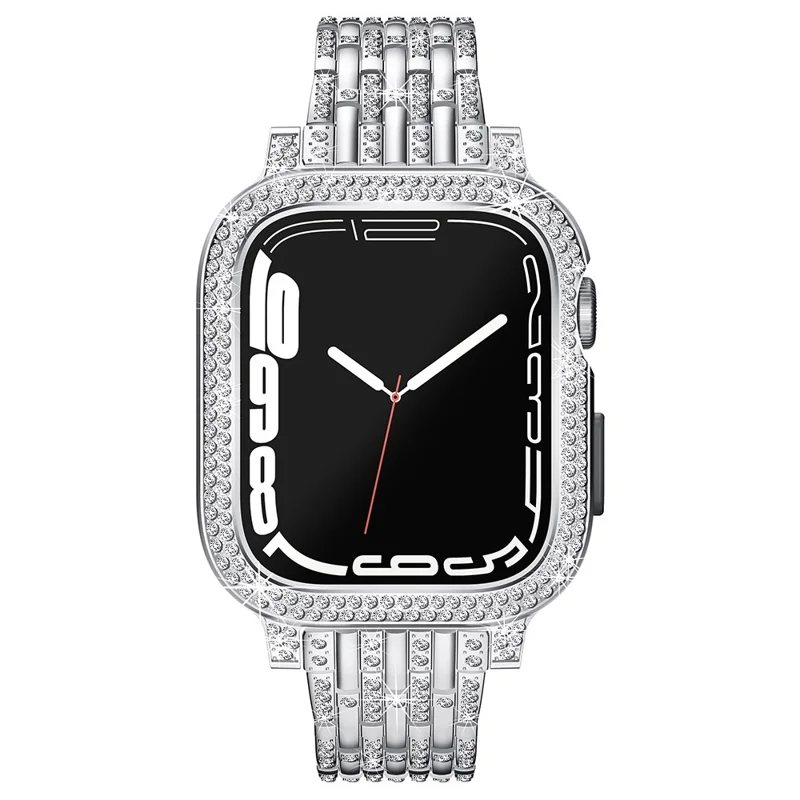 For Apple Watch Series 6 5 4 SE (2023) SE (2022) SE 44mm Rhinestone Decor Metal Strap with Watch Case - Silver