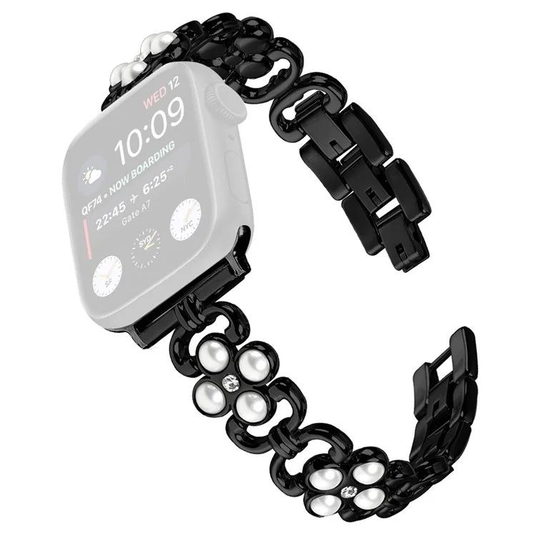 For Apple Watch Series 10 42mm / 9 8 7 41mm / SE (2023) SE (2022) SE 6 5 4 40mm / 3 2 1 38mm Stainless Steel Band Pearl Four Leaf Clover Watch Strap - Black