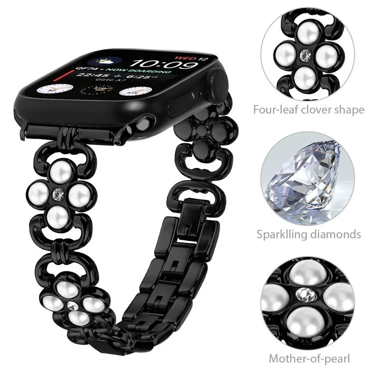For Apple Watch Series 10 42mm / 9 8 7 41mm / SE (2023) SE (2022) SE 6 5 4 40mm / 3 2 1 38mm Stainless Steel Band Pearl Four Leaf Clover Watch Strap - Black