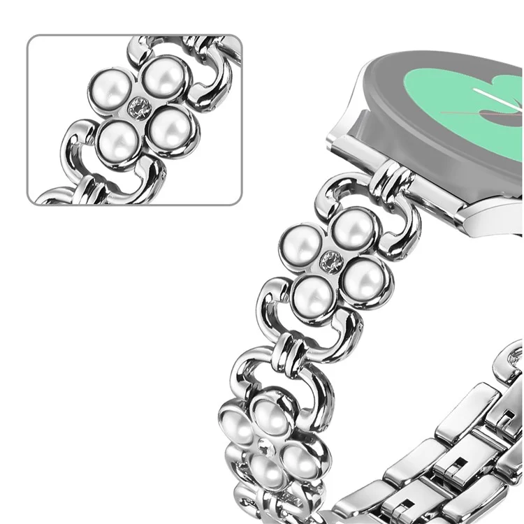 For Motorola Moto 360 42mm (2nd gen) Wrist Band Pearl Four Leaf Clover Design Stainless Steel Strap - Silver