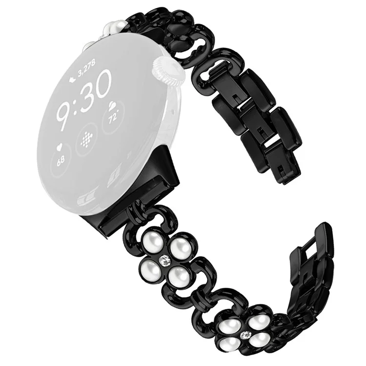 Para Google Pixel Watch 3 41mm / Watch 2 / Pixel Watch Watchband Pearl Four Leaf Clover Decor Stainless Steel Wristband - Negro