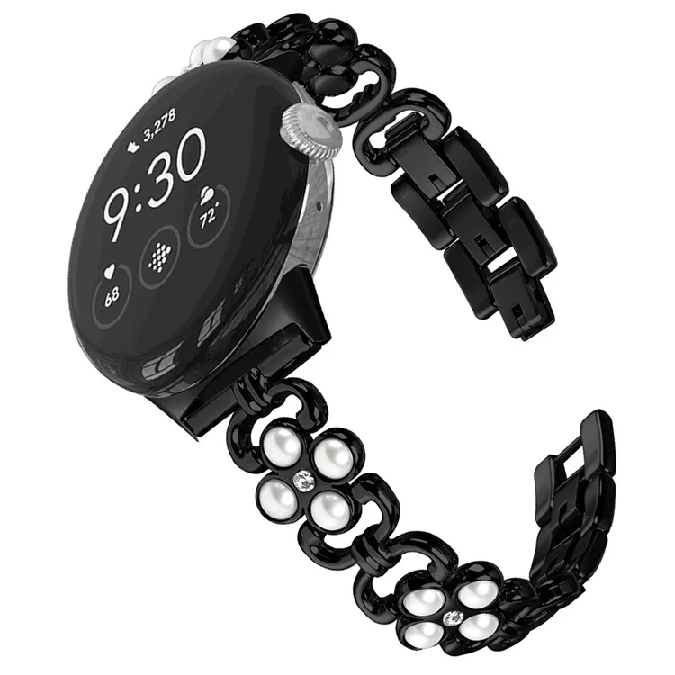 Para Google Pixel Watch 3 41mm / Watch 2 / Pixel Watch Watchband Pearl Four Leaf Clover Decor Stainless Steel Wristband - Negro