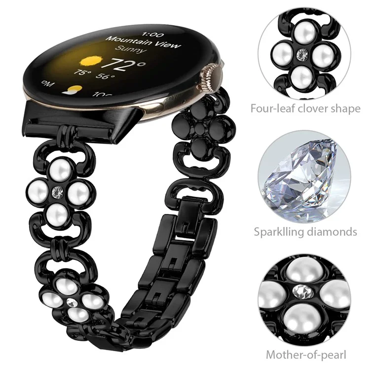 Para Google Pixel Watch 3 41mm / Watch 2 / Pixel Watch Watchband Pearl Four Leaf Clover Decor Stainless Steel Wristband - Negro