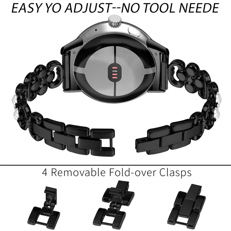 Para Google Pixel Watch 3 41mm / Watch 2 / Pixel Watch Watchband Pearl Four Leaf Clover Decor Stainless Steel Wristband - Negro