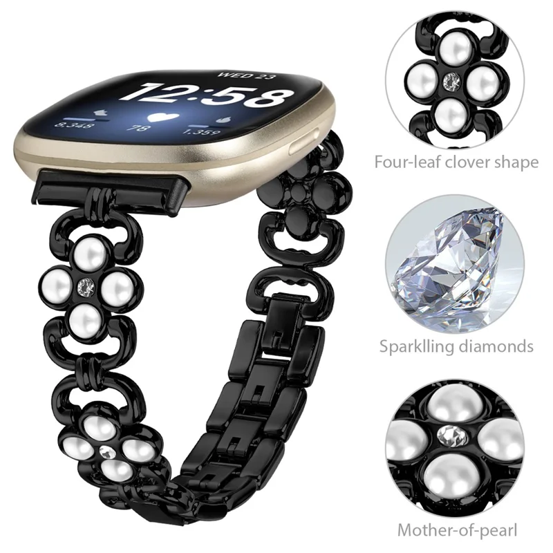For Fitbit Versa 3 / Fitbit Sense Wholesale Stainless Steel Watch Band with Pearl Decor - Black