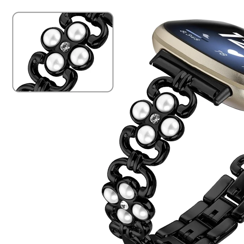 For Fitbit Versa 3 / Fitbit Sense Wholesale Stainless Steel Watch Band with Pearl Decor - Black