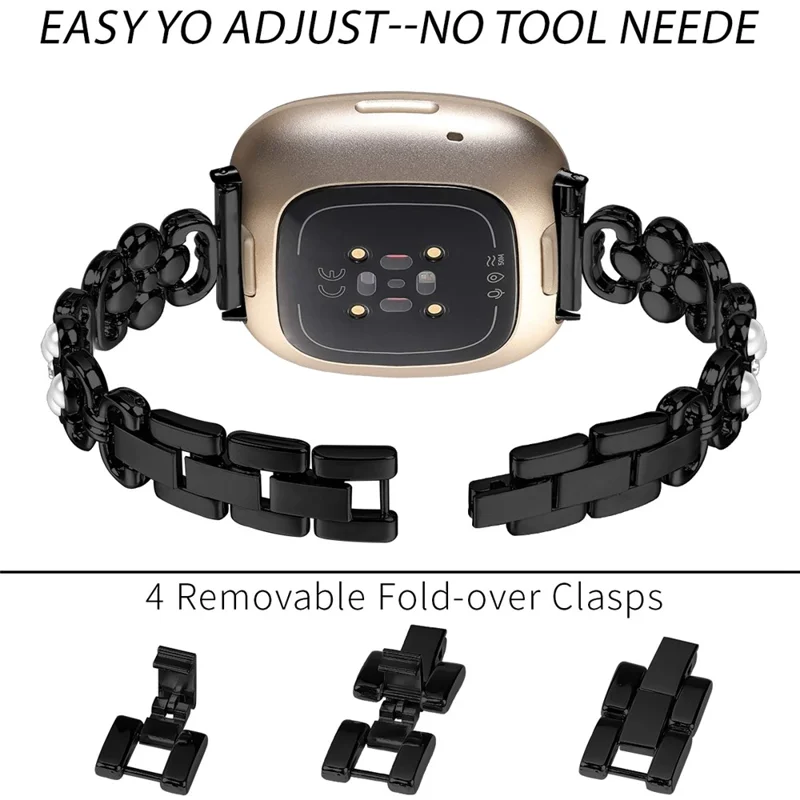 For Fitbit Versa 3 / Fitbit Sense Wholesale Stainless Steel Watch Band with Pearl Decor - Black