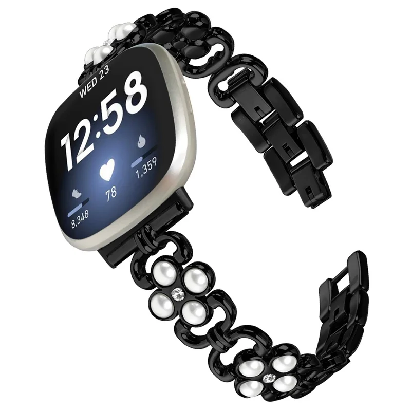 For Fitbit Versa 4 / Fitbit Sense 2 Watch Strap Pearl Decor Four Leaf Clover Stainless Steel Wrist Band - Black