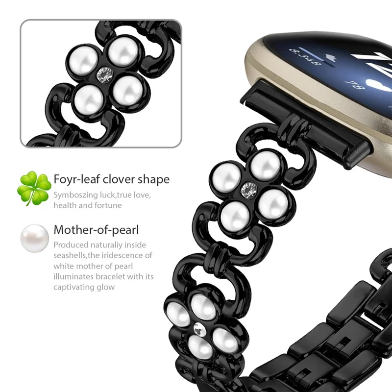 For Fitbit Versa 4 / Fitbit Sense 2 Watch Strap Pearl Decor Four Leaf Clover Stainless Steel Wrist Band - Black