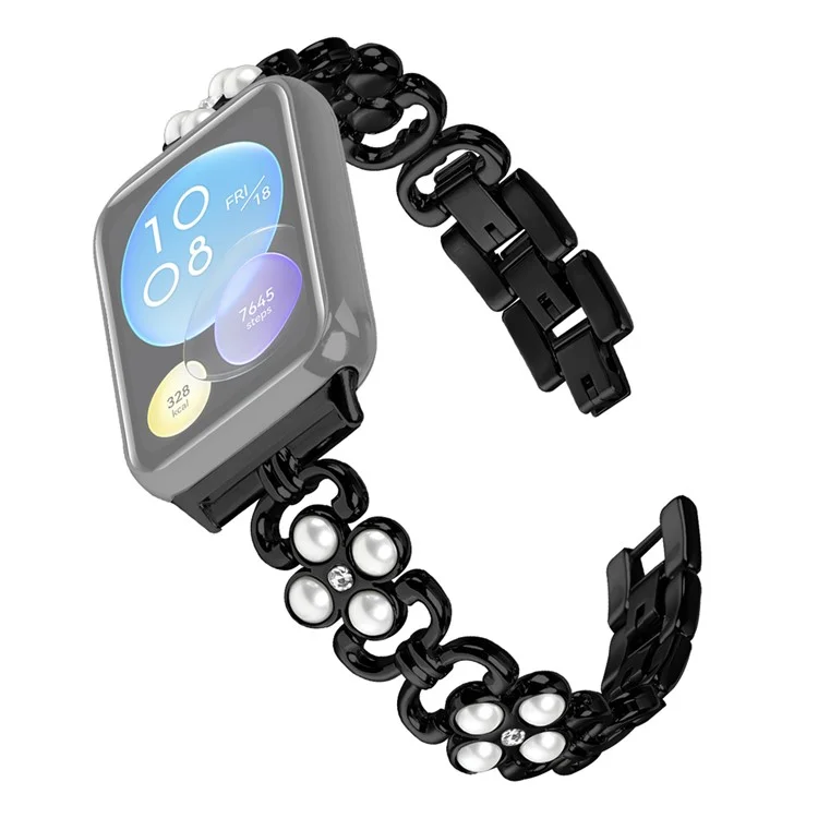 Оптовый ремешок для часов для Xiaomi Smart Band 8 Pro Pearl Decor Four Leaf Clover Stainless Steel Band - Черный