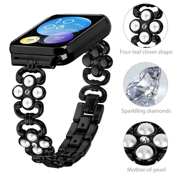 Оптовый ремешок для часов для Xiaomi Smart Band 8 Pro Pearl Decor Four Leaf Clover Stainless Steel Band - Черный