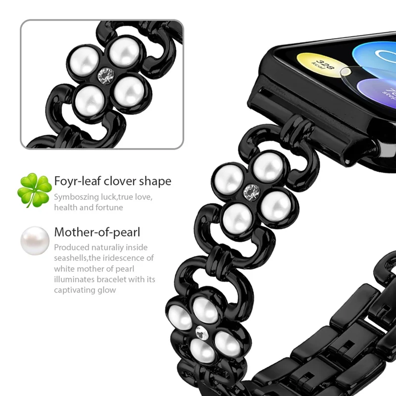 For Xiaomi Redmi 4 Wrist Bracelet Pearl Decor Four Leaf Clover Stainless Steel Watch Band - Black
