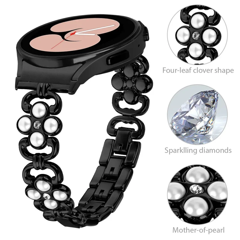 For Samsung Galaxy Watch6 40mm 44mm / Watch6 Classic 43mm 47mm Quick Release Four Leaf Clover Stainless Steel Watch Strap - Black