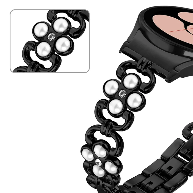 For Samsung Galaxy Watch6 40mm 44mm / Watch6 Classic 43mm 47mm Quick Release Four Leaf Clover Stainless Steel Watch Strap - Black