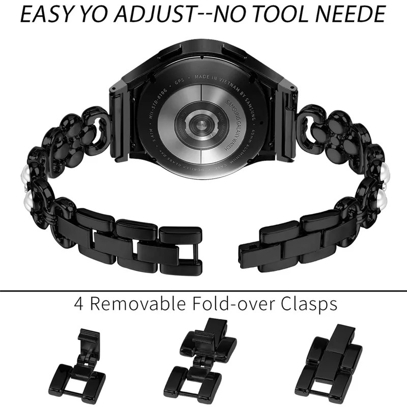 For Samsung Galaxy Watch6 40mm 44mm / Watch6 Classic 43mm 47mm Quick Release Four Leaf Clover Stainless Steel Watch Strap - Black