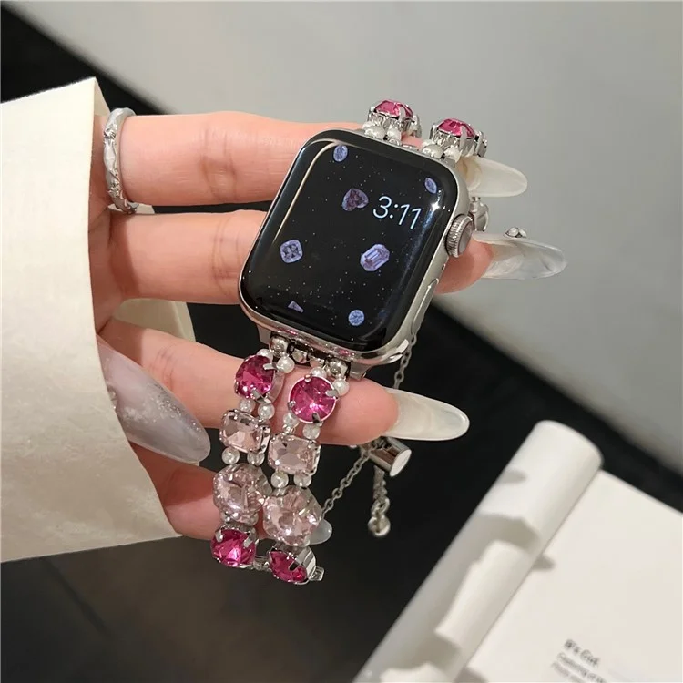 Para Apple Watch 10 46mm / Ultra 2 / Ultra 49mm / 9 8 7 45mm / SE (2023) SE (2022) SE 6 5 4 44mm / 3 2 1 42mm Pulseira de Relógio Pulseira de Corrente de Cristal Strass - Rosa