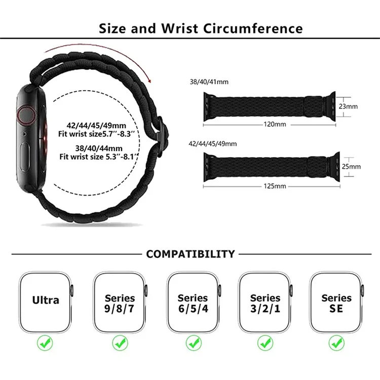 Для Apple Watch Series 10 42mm / 9 8 7 41mm / SE (2023) SE (2022) SE 6 5 4 40mm / 3 2 1 38mm Ремешок для часов Плетеный нейлоновый ремешок - W-образный черно-зеленый