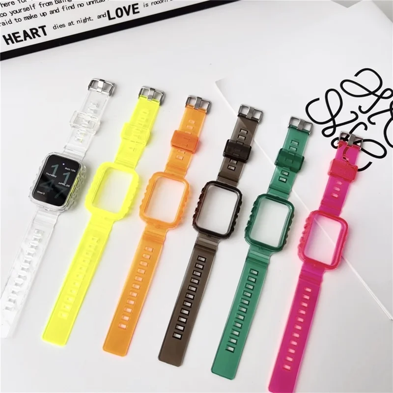 Pulseira de Relógio Integrada para Xiaomi Smart Band 8 Pro Ajustável Pulseira de Silicone com Caixa de Relógio - Transparente Rosa