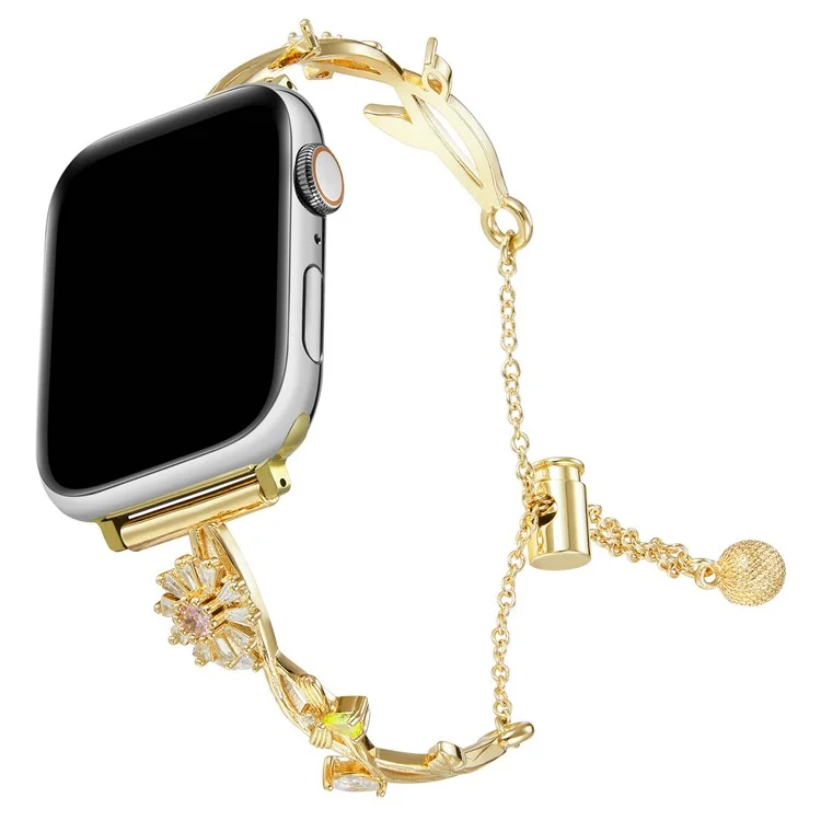 For Apple Watch 10 46mm / Ultra 2 / Ultra 49mm / 9 8 7 45mm / SE (2023) SE (2022) SE 6 5 4 44mm / 3 2 1 42mm Zinc Alloy Watch Band Flower Bangle Bracelet - Gold