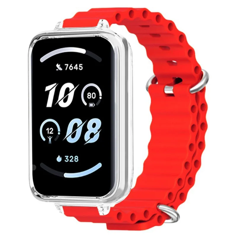 For Honor Band 9 Watch Band Ocean Silicone Strap with Transparent Case - Red