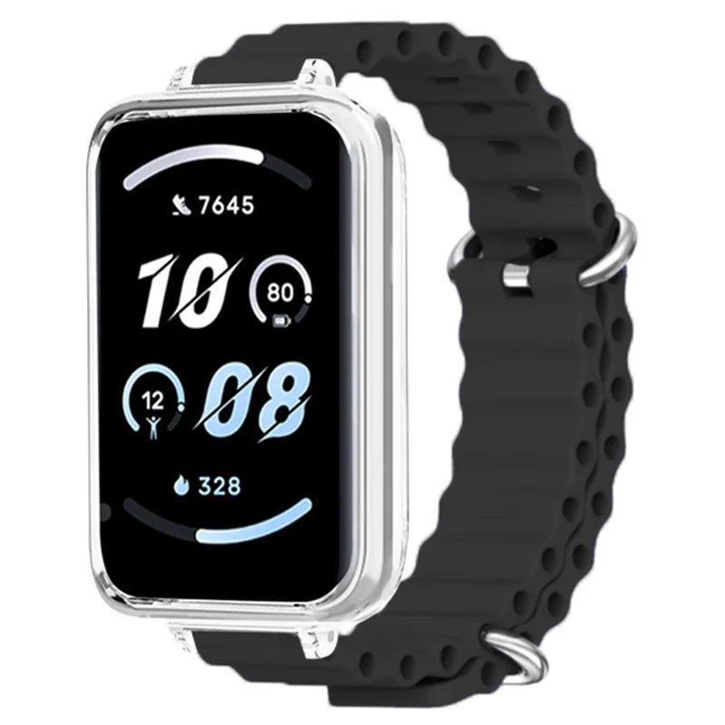 For Honor Band 9 Watch Band Ocean Silicone Strap with Transparent Case - Black