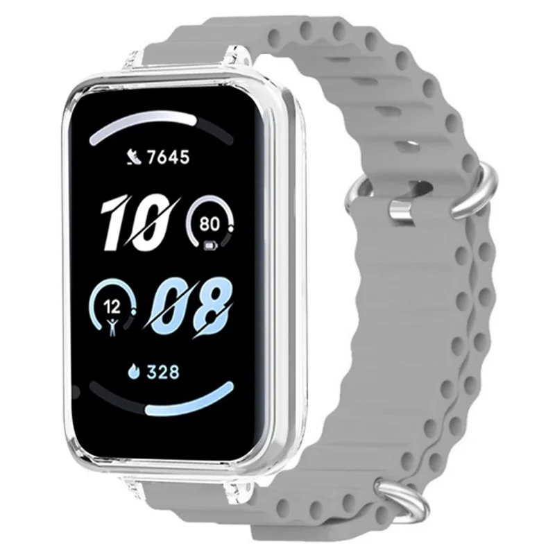 For Honor Band 9 Watch Band Ocean Silicone Strap with Transparent Case - Grey