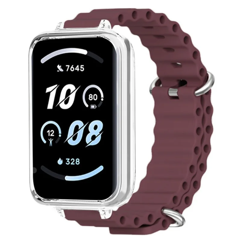For Honor Band 9 Watch Band Ocean Silicone Strap with Transparent Case - Wine Red