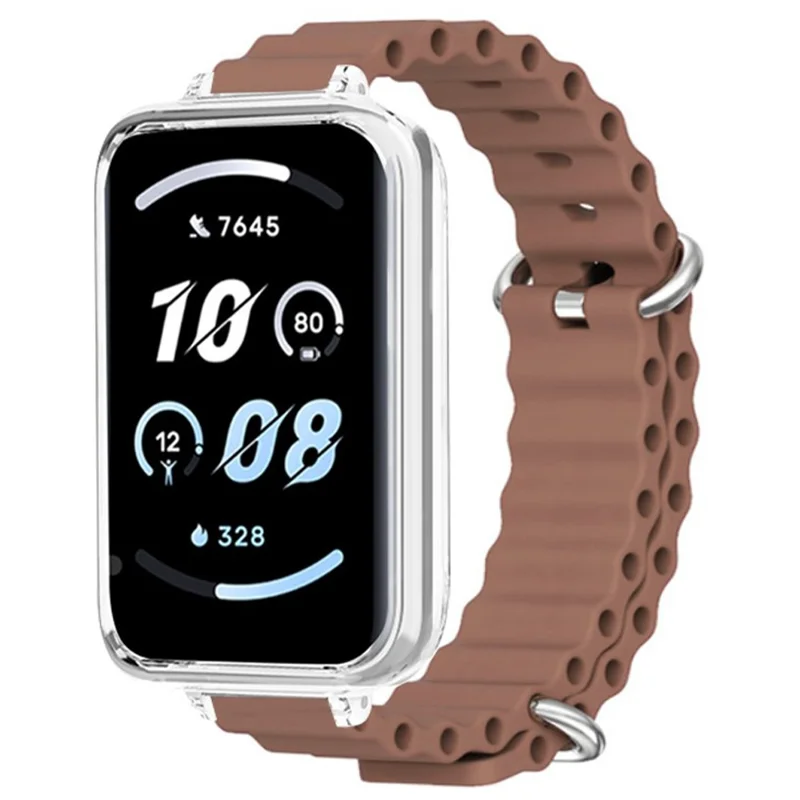 For Honor Band 9 Watch Band Ocean Silicone Strap with Transparent Case - Brown