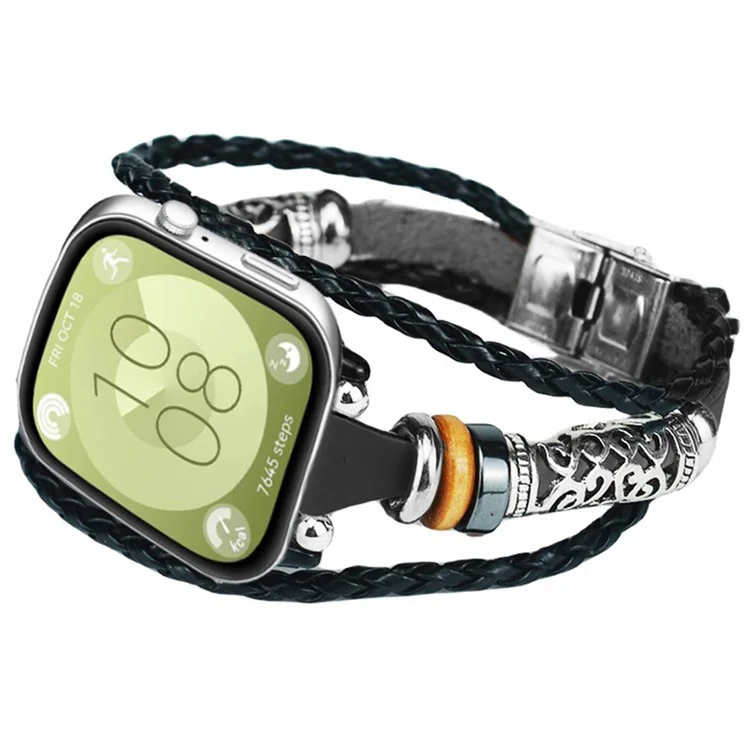 Für Huawei Watch Fit 3 Armband Vintage Ethnisches Lederarmband - Schwarz