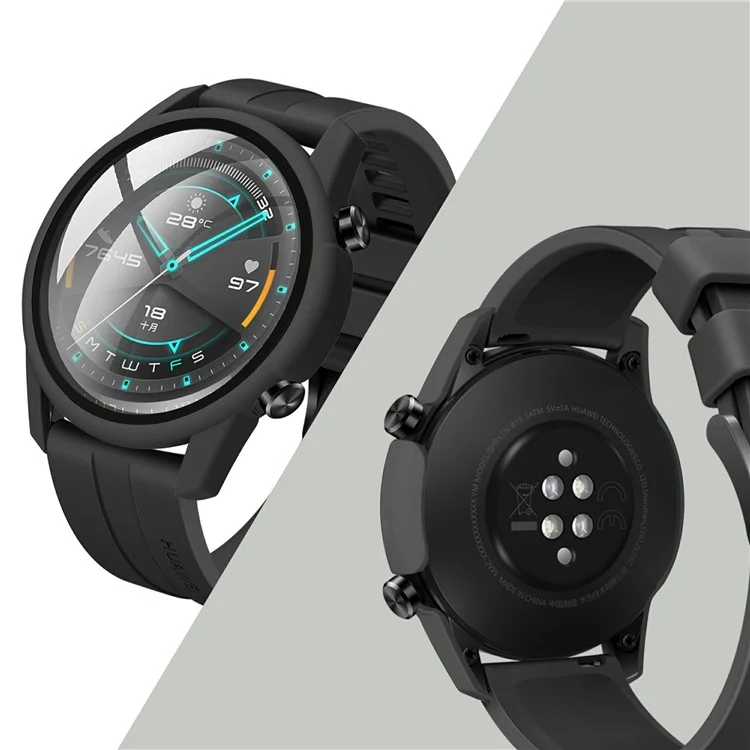 Rubberized PC Frame + Tempered Glass Screen Protector Cover Shell for Huawei Watch GT 2 46mm - Black