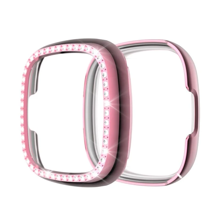 Single Row Rhinestone PC Hollow Protective Cover (Support Power Charging with Case) for Fitbit Versa 3/Sense - Pink