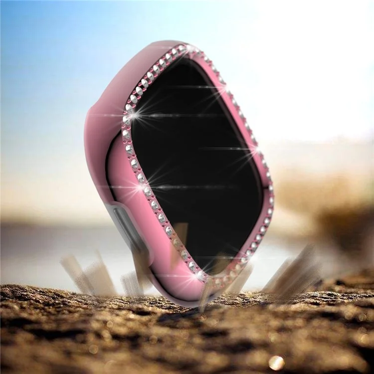 Single Row Rhinestone PC Hollow Protective Cover (Support Power Charging with Case) for Fitbit Versa 3/Sense - Pink