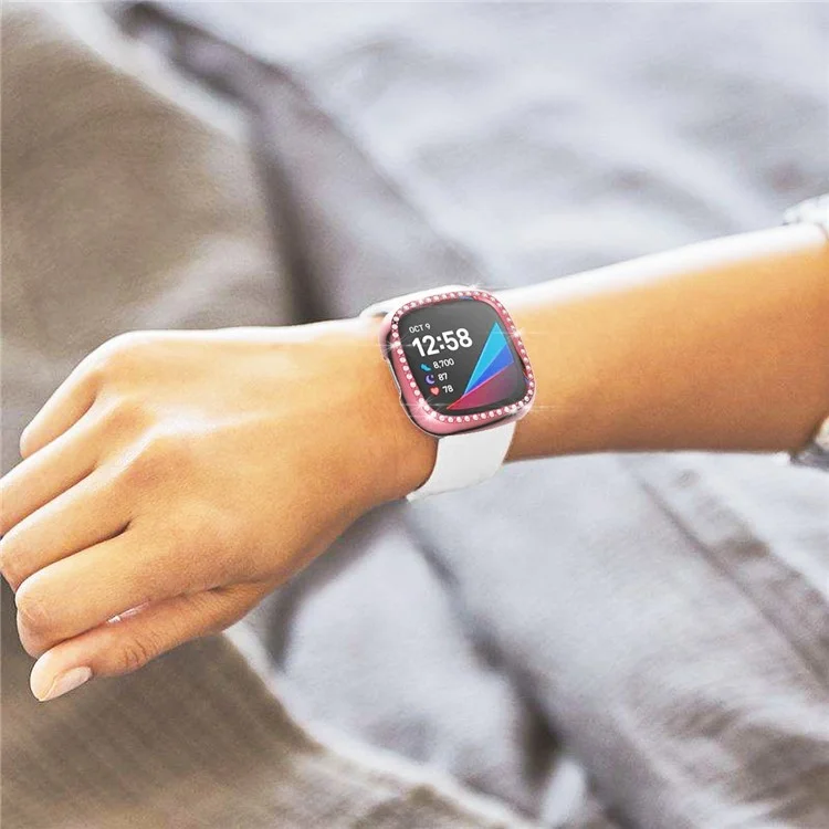 Single Row Rhinestone PC Hollow Protective Cover (Support Power Charging with Case) for Fitbit Versa 3/Sense - Pink