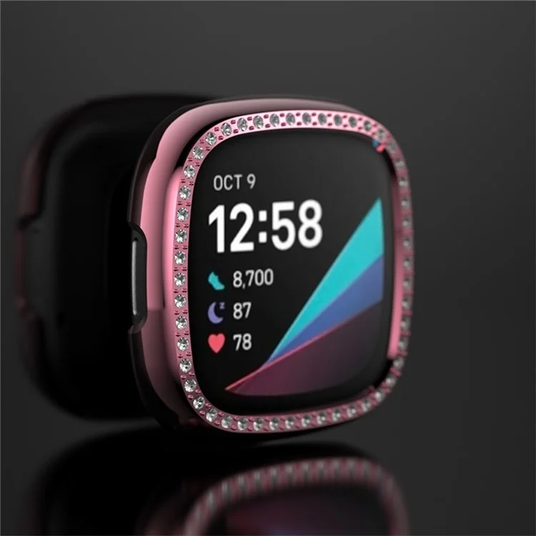Single Row Rhinestone PC Hollow Protective Cover (Support Power Charging with Case) for Fitbit Versa 3/Sense - Pink