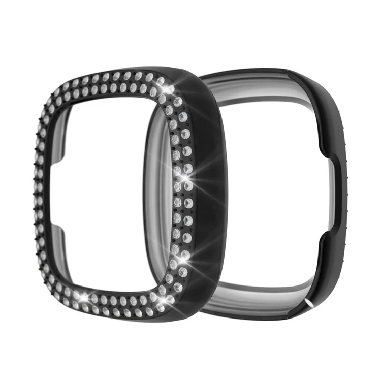 Double-row Rhinestone PC Hollow Electroplating Case (Support Power Charging with Case) for Fitbit Versa 3/Sense - Transparent - Black