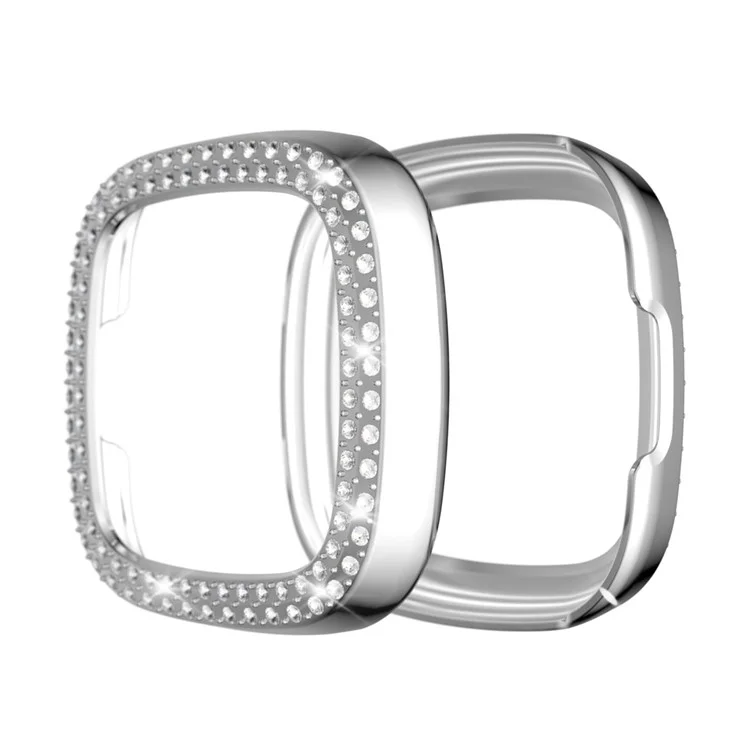 Doppelreihiger Rhinestone PC Hohlraum Elektroplattierung Gehäuse (unterstützt Stromladung mit Gehäuse) für Fitbit Versa 3/Sense - Transparent - Silber