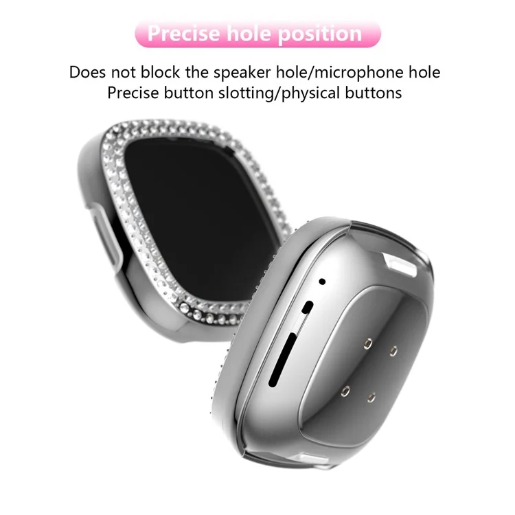 Doppelreihiger Rhinestone PC Hohlraum Elektroplattierung Gehäuse (unterstützt Stromladung mit Gehäuse) für Fitbit Versa 3/Sense - Transparent - Silber